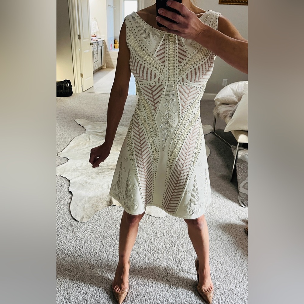 Herve Leger White and Pink Patterned Mini Dress
